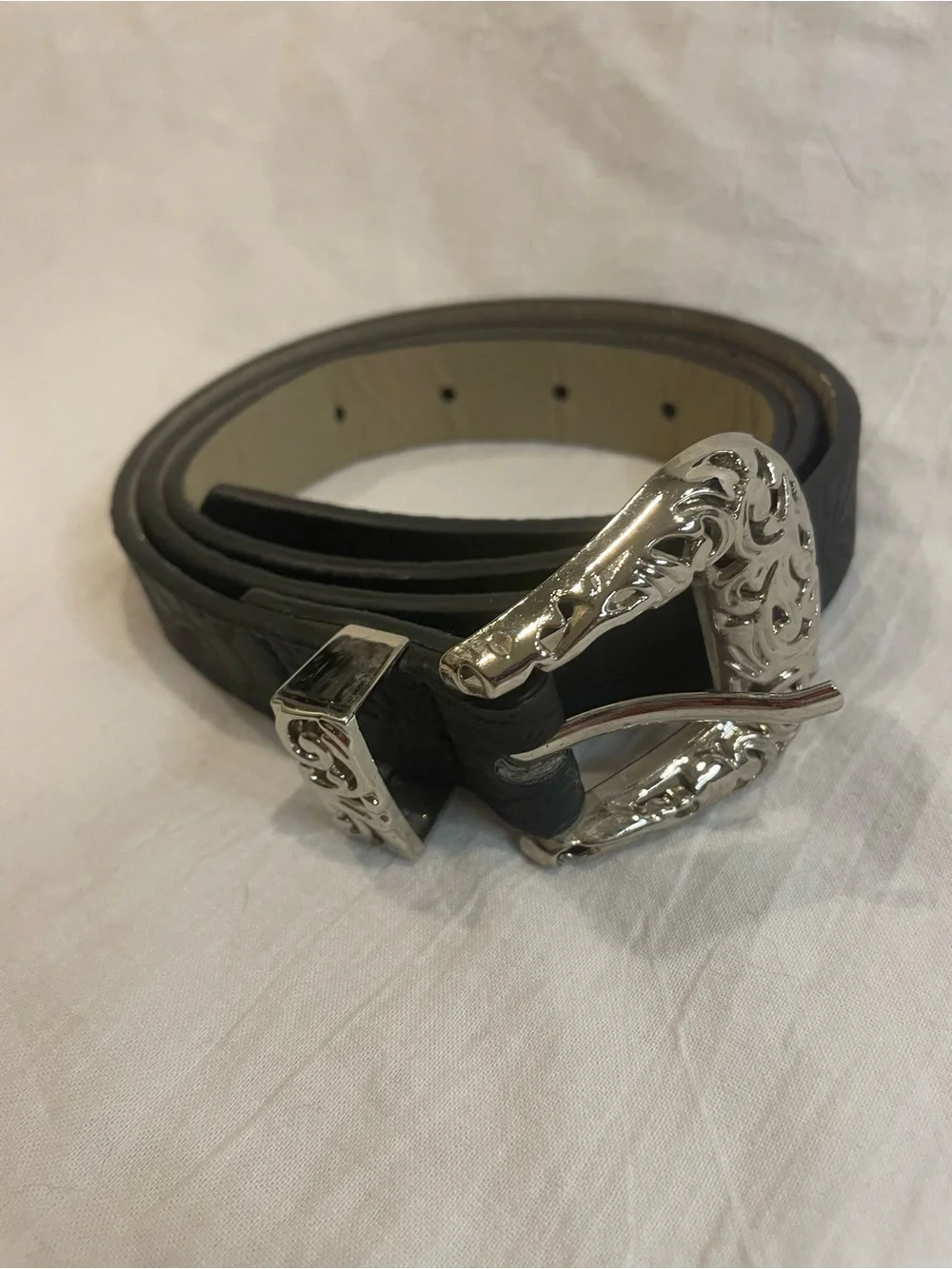 Vince Camuto Black Floral Embossed Belt Silver Western Buckle Size M